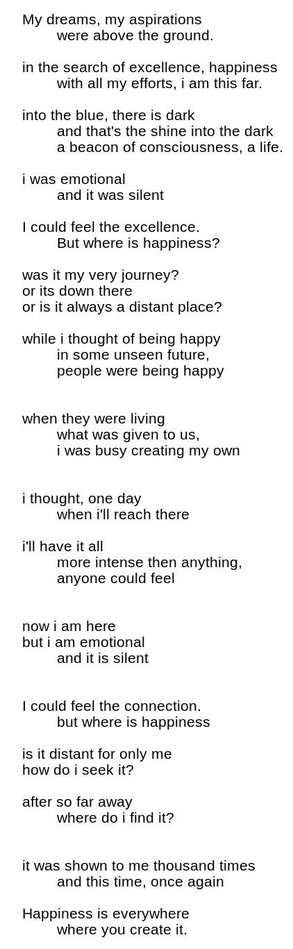 My dreams
		my aspirations
		were above the ground.
		
		in the search of excellence, happiness
			with all my efforts, i am this far.
		
		into the blue, there is dark
			and that's the shine into the dark
			a beacon of consciousness, a life.
		
		i was emotional
			and it was silent
		
		I could feel the excellence.
			But where is happiness?
		was it my very journey?
		or its down there
		or is it always a distant place?
		
		while i thought of being happy
			in some unseen future,
		people were being happy
		
		when they were living
			what was given to us,
		i was busy creating my own
		
		i thought, one day
			when i'll reach there
		i'll have it all
			more intense then anything,
			anyone could feel
		
		now i am here
		but i am emotional
			and it is silent
		
		I could feel the connection.
			but where is happiness
		is it distant for only me
		how do i seek it?
		
		after so far away
			where do i find it?
		
		it was shown to me thousand times
			and this time
			once again
		Happiness is everywhere
			where you create it.